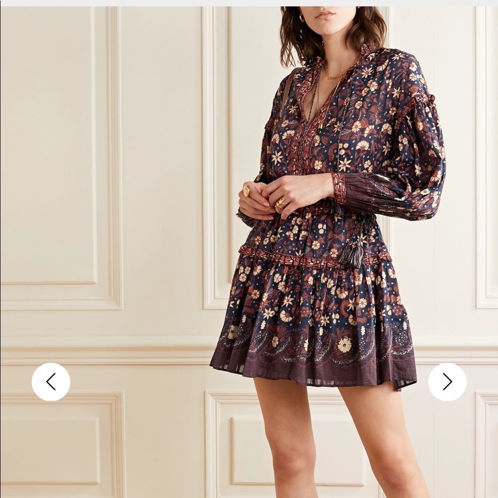 Ulla Johnson Navy Floral Long-Sleeve Tiered Mini Dress